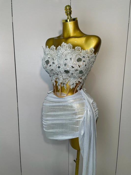 Sparkly Silver Sequins Sexy Strapless Short Dress 2Pcs Set Newest Women Party Birthday Nightclub Singer Dancer Stage Wear