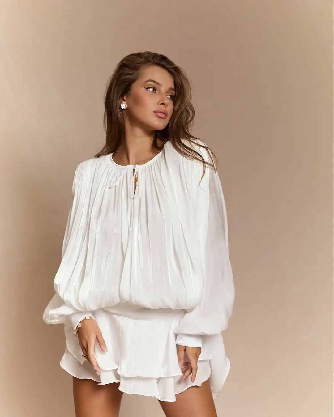 Christmas Style Women Long Puff Sleeve Sexy Ball Gown Mini Dress Celebrate Birthday Party Vacation Outfit WHITE