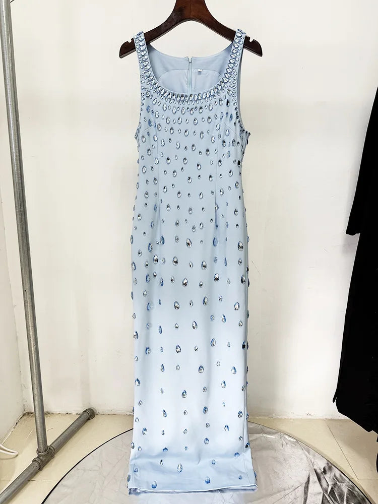 Arrival Women Sleeveless Sexy O-Neck Shinning Crystal Bodycon Long Dress Elegant Evening Party Graduation Season Outfit