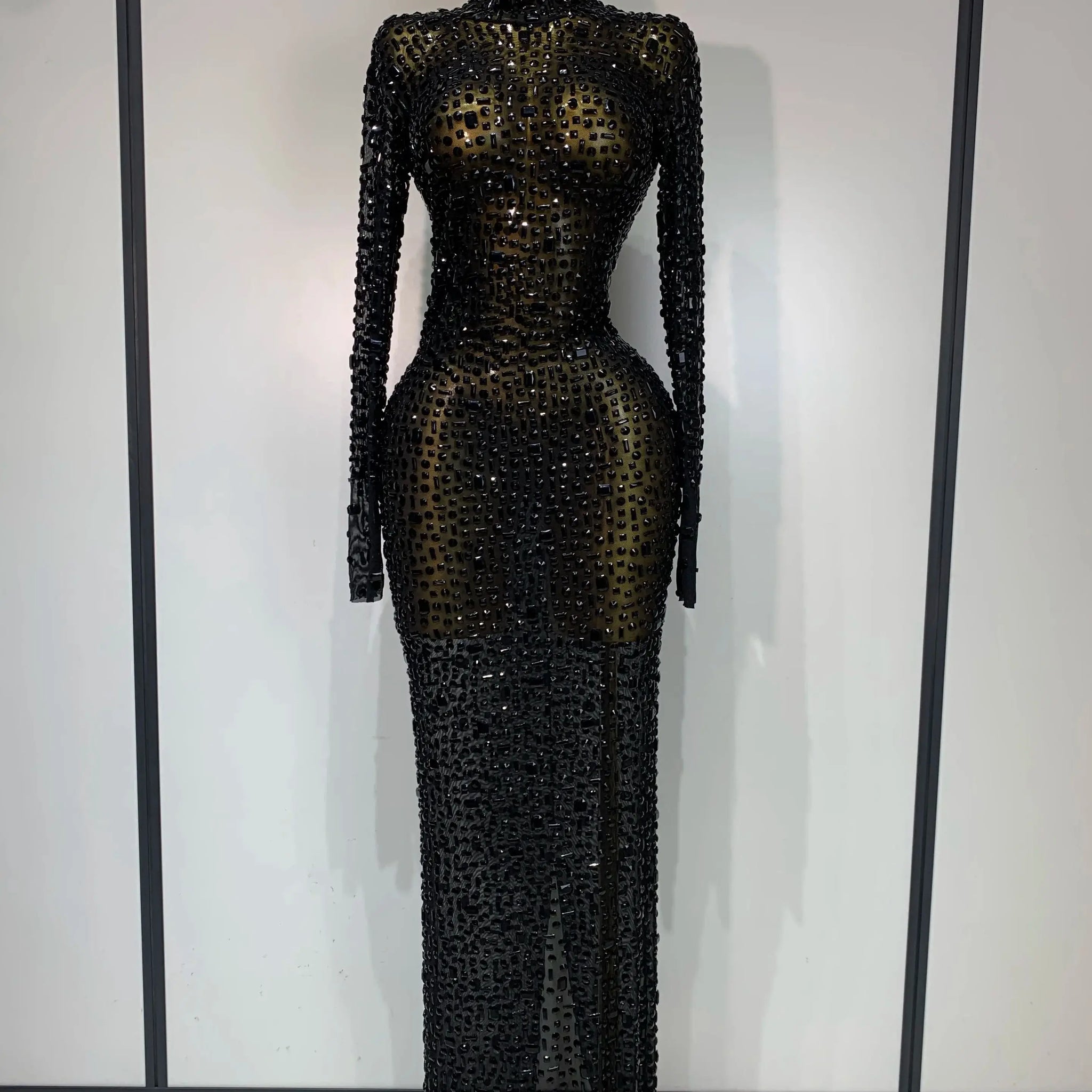 Sparkly Luxury Rhinstones Long Sleeve Elegant Party Dress Women Performance Stage Outfit Evening Birthday Prom Gown