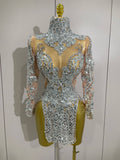 Luxury Sparkly Sequins Stretch Long Sleeve Mesh Mini Dress Women Birthday Party Nightclub Dancer Stage Performance Costume Silver