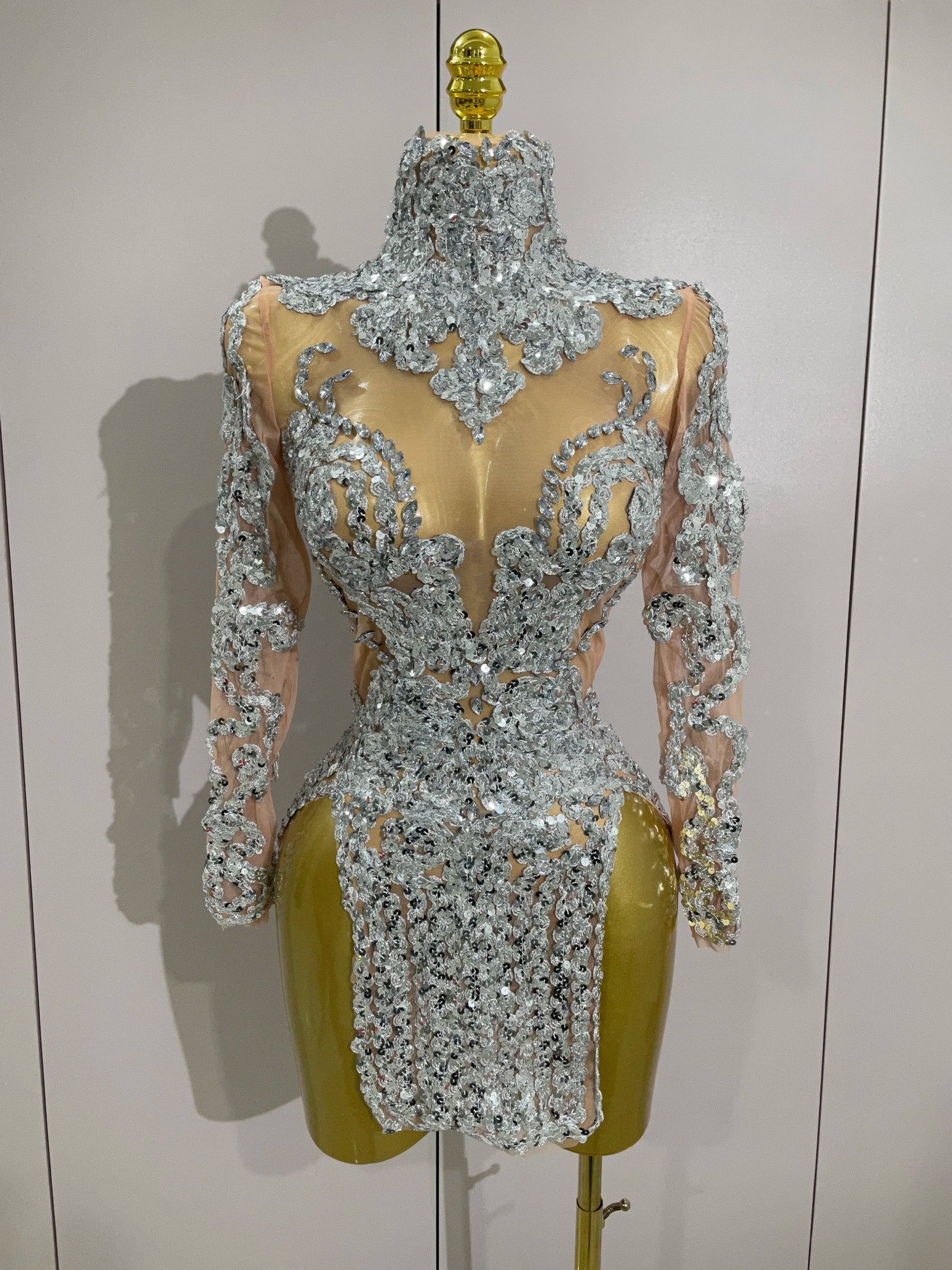 Luxury Sparkly Sequins Stretch Long Sleeve Mesh Mini Dress Women Birthday Party Nightclub Dancer Stage Performance Costume Silver