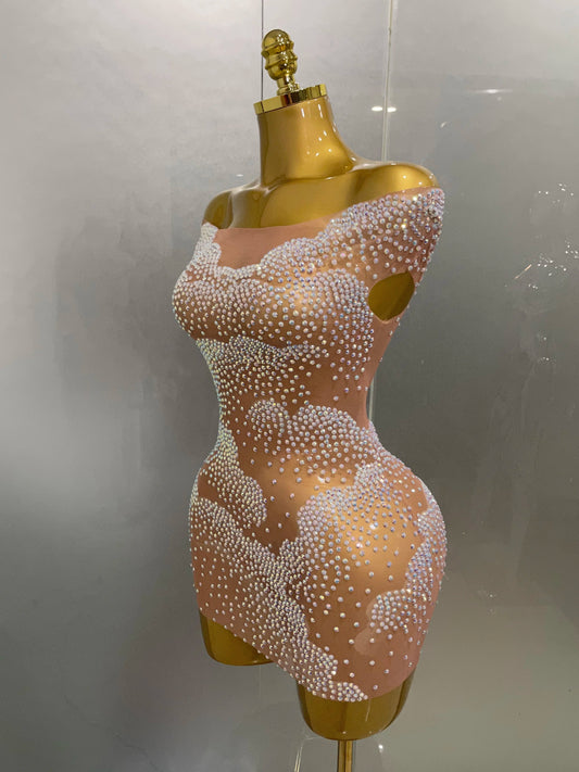 Sexy Sparkle Rhinestone Transparent Stretch Mini Dress Women Evening Birthday Party Club Stage Performance Costume