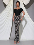 Spring Sexy Women's Chiffon Patchwork Sparkle Nail Bead Long Dress V-neck Short Sleeve Bodycon Dress Cocktail Banquet Dress black