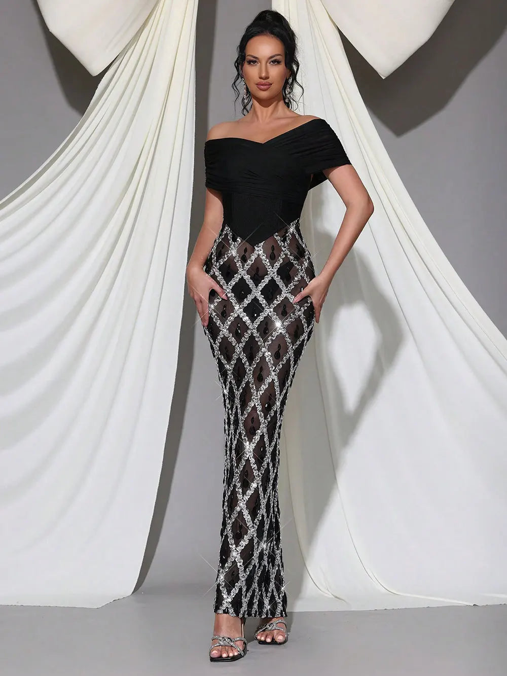 Spring Sexy Women's Chiffon Patchwork Sparkle Nail Bead Long Dress V-neck Short Sleeve Bodycon Dress Cocktail Banquet Dress black