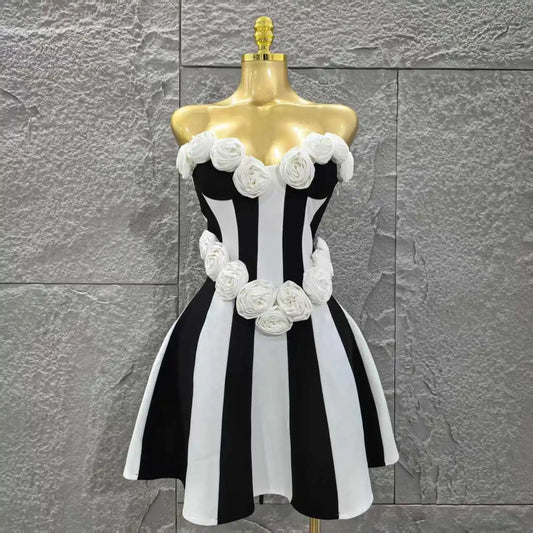 Top Quality Women Sexy Strapless Florals A-line Mini Bandage Dress Cute Girls' Birthday Party Fashion Cocktail Outfit
