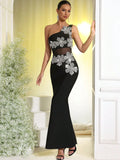 Sexy Women's Light Luxury Flower Set Diamond Design Bandage Dress One Shoulder Sleeveless Bodycon Patchwork Long Dresses