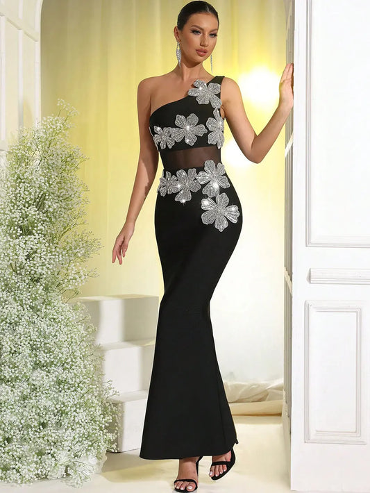 Sexy Women's Light Luxury Flower Set Diamond Design Bandage Dress One Shoulder Sleeveless Bodycon Patchwork Long Dresses