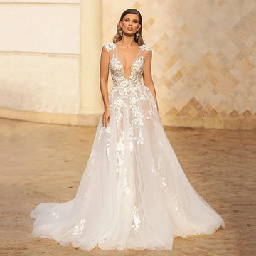 Boho A-Line Wedding Dress Deep V-Neck Appliques Tulle Floor-Length Bridal Gown Customized Color Custom Color