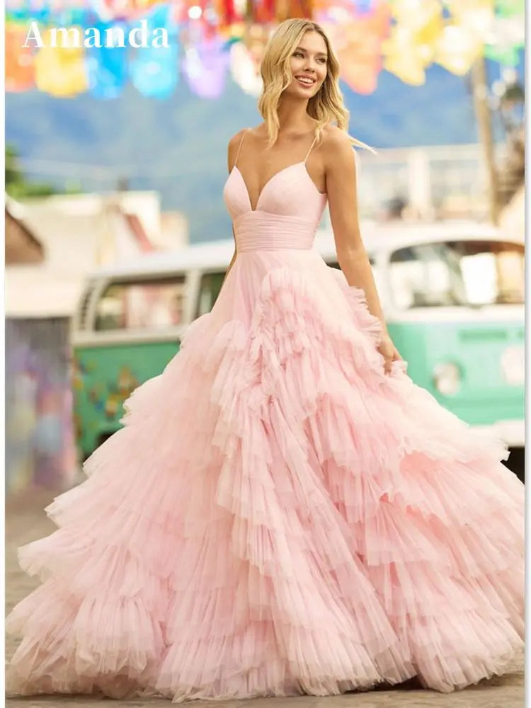 Baby Pink Multilayer Prom Dress Princess Evening Dresses Tulle Sweep Train Party Dresses Sleeveless Robe De Soirée baby pink