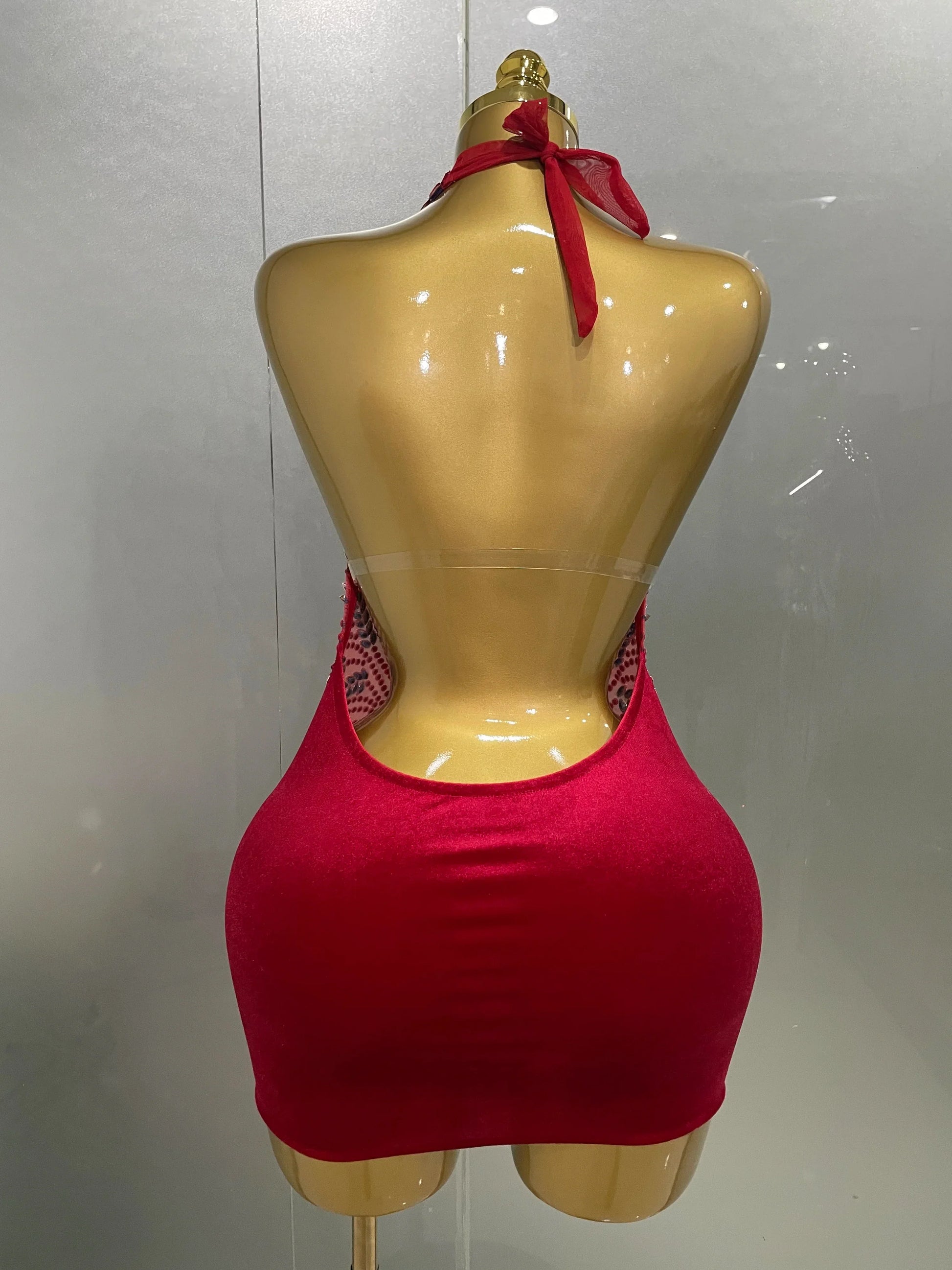 Sexy Red Sparkly Rhinestones Halter Backless Velour Short Dress Women Evening Prom Celebrate Birthday Party Stage Wear