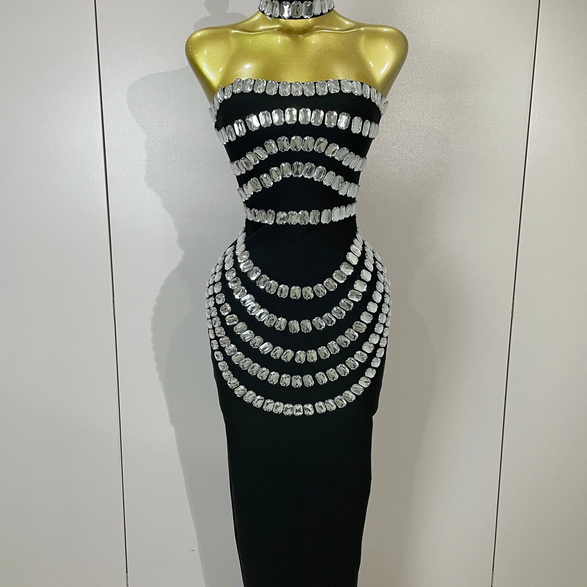 Women Sexy Backless Strapless Black Beading Long Bandage Bodycon Dress Celebrity Elegant Evening Luxury Birthday Dresses black
