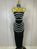 Women Sexy Backless Strapless Black Beading Long Bandage Bodycon Dress Celebrity Elegant Evening Luxury Birthday Dresses black