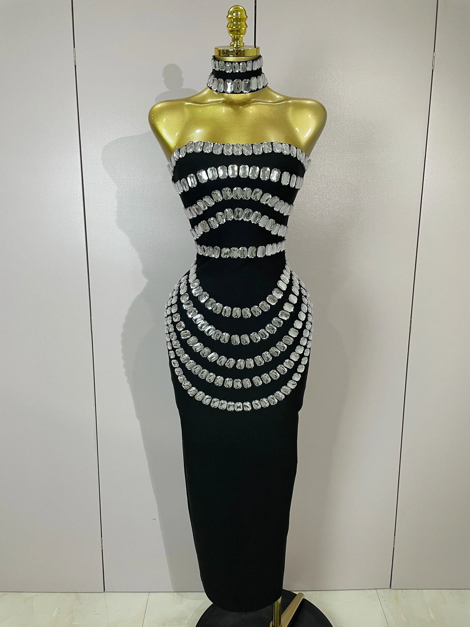Women Sexy Backless Strapless Black Beading Long Bandage Bodycon Dress Celebrity Elegant Evening Luxury Birthday Dresses black