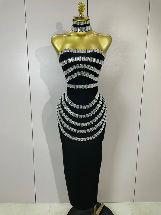 Women Sexy Backless Strapless Black Beading Long Bandage Bodycon Dress Celebrity Elegant Evening Luxury Birthday Dresses black