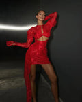 2024 Fashion Red White Women Gloves Sexy Bodycon Mini Draped Dress Nightclub Party Bar Singer Birthday Celebrate Dress