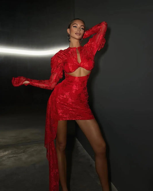 2024 Fashion Red White Women Gloves Sexy Bodycon Mini Draped Dress Nightclub Party Bar Singer Birthday Celebrate Dress