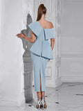 2024 Sexy Women Sky Blue Dress Off Shoulder Slant Neck Lotus Leaf Sleeve Button Design Bodycon Midi Dress Evening Party Vestidos