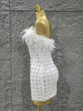White Color Women Shinning Sequins Straples Bodycon Mini Dress Feathers Fashion Celebrate Birthday Party Cute Cocktail Dress