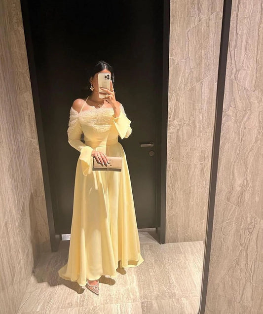 Yellow Evening Dresses Chiffon Off The Shoulder Pleats Prom Dresses Arabic Women's Formal Party Dresses