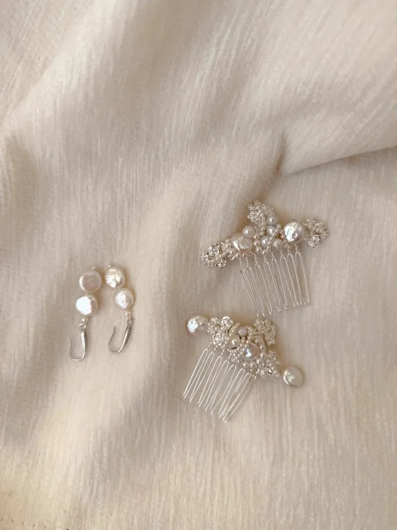 Pearls Hair Comb Pin Clip Silver Color Head Piece For Bride Bridesmaids Women Hairpin Earring Bridal Jewelry Wedding Accessories