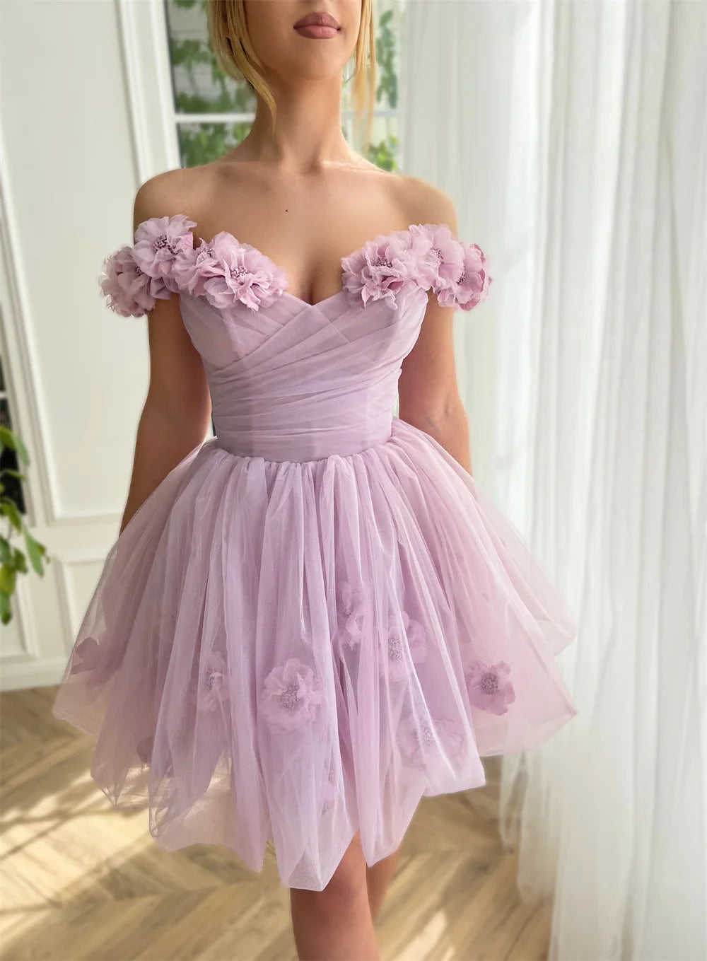 Amanda Princess Off Shoulder فستان سهرة Light Purple Mini Party Dress 3D Flower Evening Dresses Sweet Corset Short Prom Dress