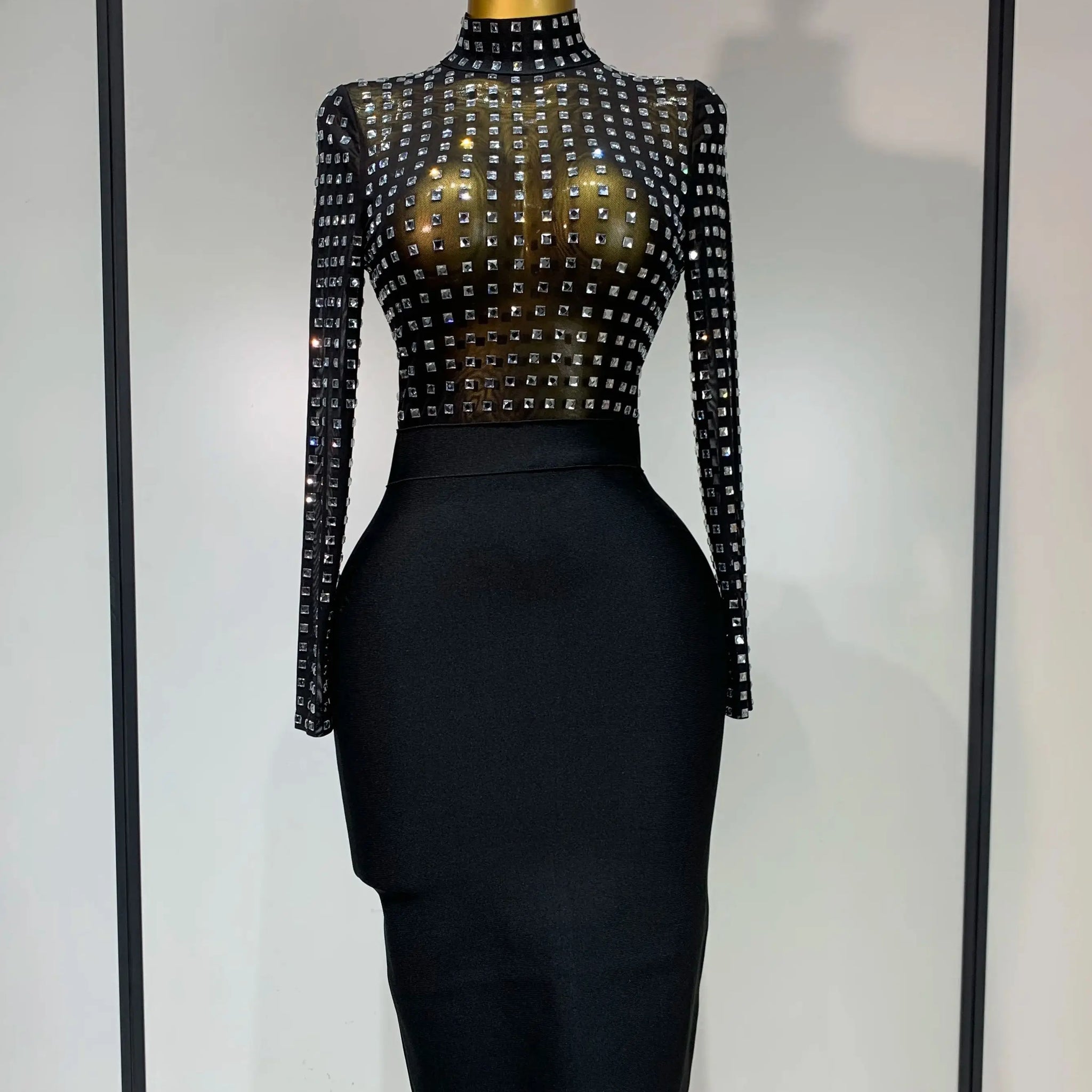 Celebrity Sexy Turtleneck Rhinestones Black Mesh Bodycon Bandage Dress Women Elegant Evening Club Luxury Birthday Dress
