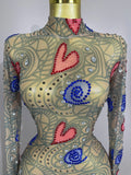 Sparkly Diamond High Neck Sexy Mesh Wrap Hip Long Dress Host Annual Meeting Party Nightclub Bar Performance Costume
