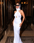 Long Ribbon Sexy V-Neck Sleeveless Halter White Mini Ankle length Woman Birthday Party Dress Celebrity Evening Party Outfit