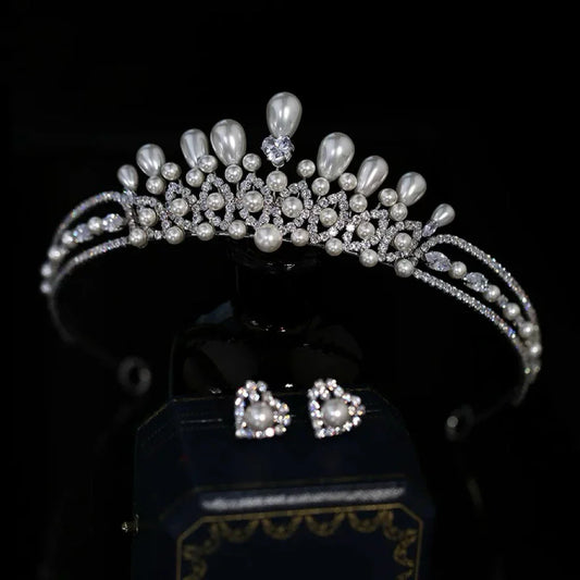 Crystal Pearl Tiaras and Crowns Set Zirconia Diadem For Bride Princess Queen Headband Bridal Hair Jewelry Wedding Accessories
