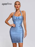 Sexy Summer Coated Bandage Dress Women Neck Hanging Sleeveless Bodycon Backless Mini Dress Celebrity Evening Club Party Vestidos Blue