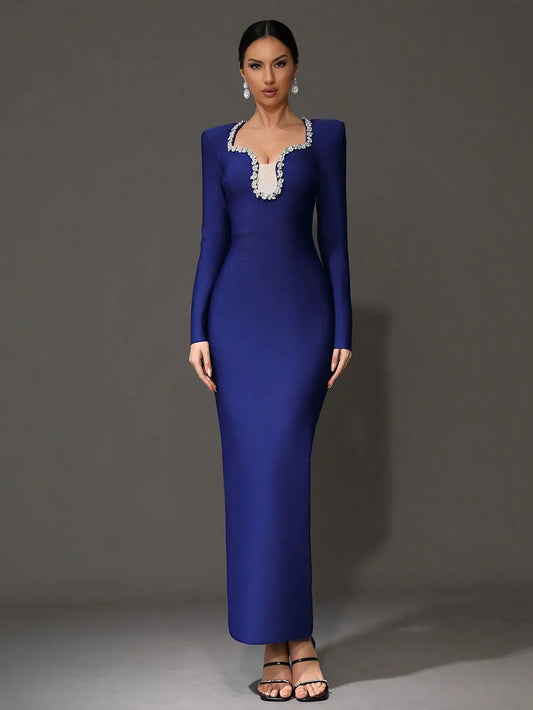 Elegant Women's Light Luxury Nail Diamond Design Bandage Dress U Neck Long Sleeve Bodycon Long Dress Evening Party Vestidos