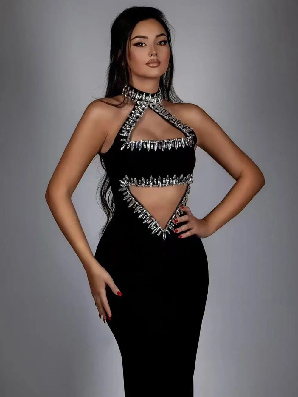 2025 Sexy Women'S Light Luxury Nail Bead Hollow Out Long Dress Hanging Neck Sleeveless Bodycon Backless Dress Club Party Vestido