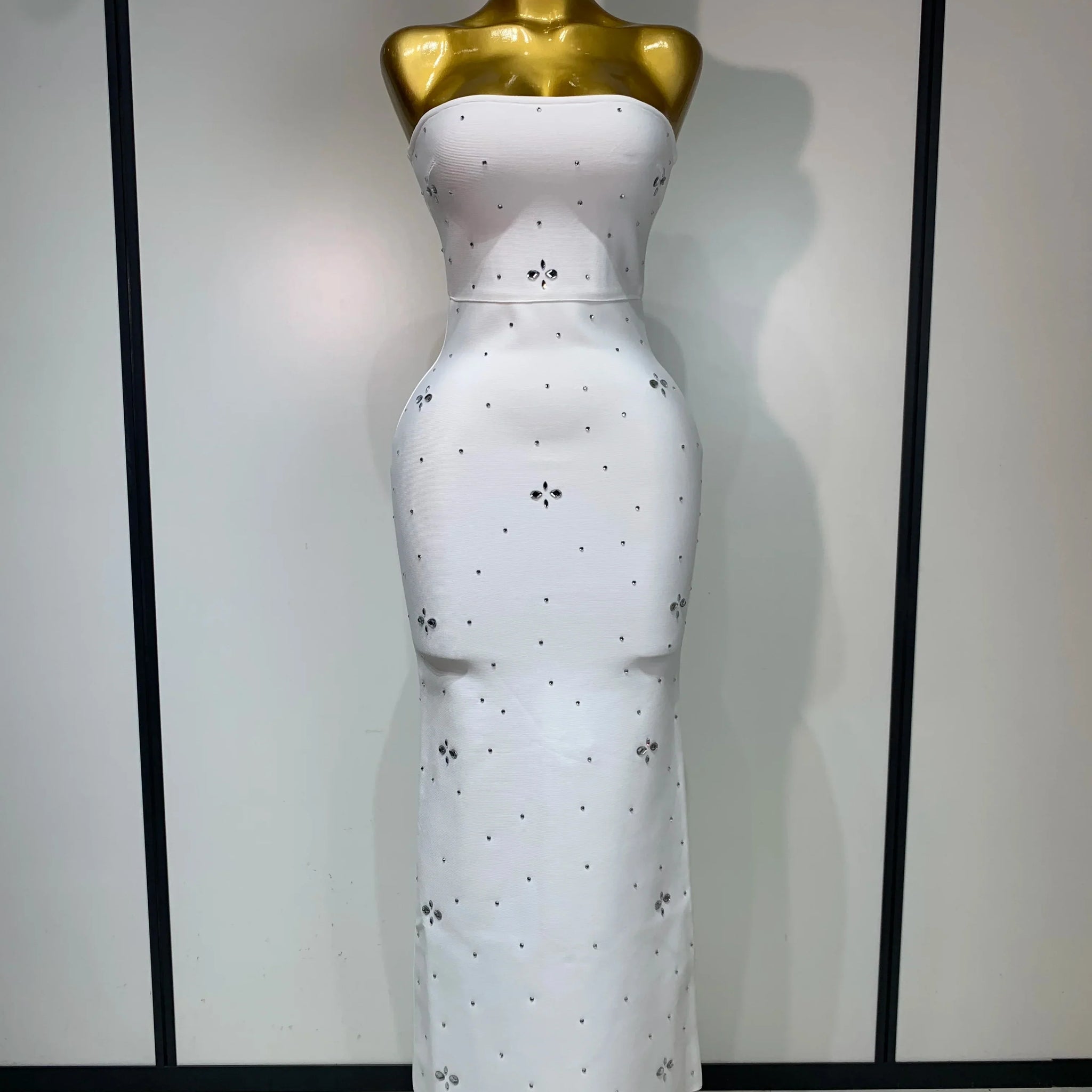 Luxury Rhinestone Sexy Strapless Backless Long Bodycon Bandage Dress White Elegant Evening Party Birthday Club Dress WHITE