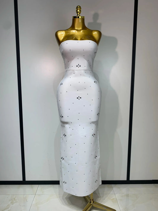 Luxury Rhinestone Sexy Strapless Backless Long Bodycon Bandage Dress White Elegant Evening Party Birthday Club Dress WHITE