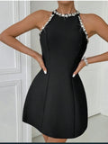 Red Black Women Sleeveless Sexy Shinning Crystal A-Line Mini Bandage Dress Celebrate Birthday Party Girls' Vacation Outfit black
