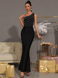 Elegant Women Nail Bead Design Bandage Dress One Shoulder Sleeveless Bodycon Long Dress Cocktail Evening Club Party Vestido black