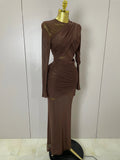 Women Elegant Brown Mesh Fold Long Sleeve Bodycon Dress Evening Party Club Sexy Perspective Fashion Luxury Birthday Dresses