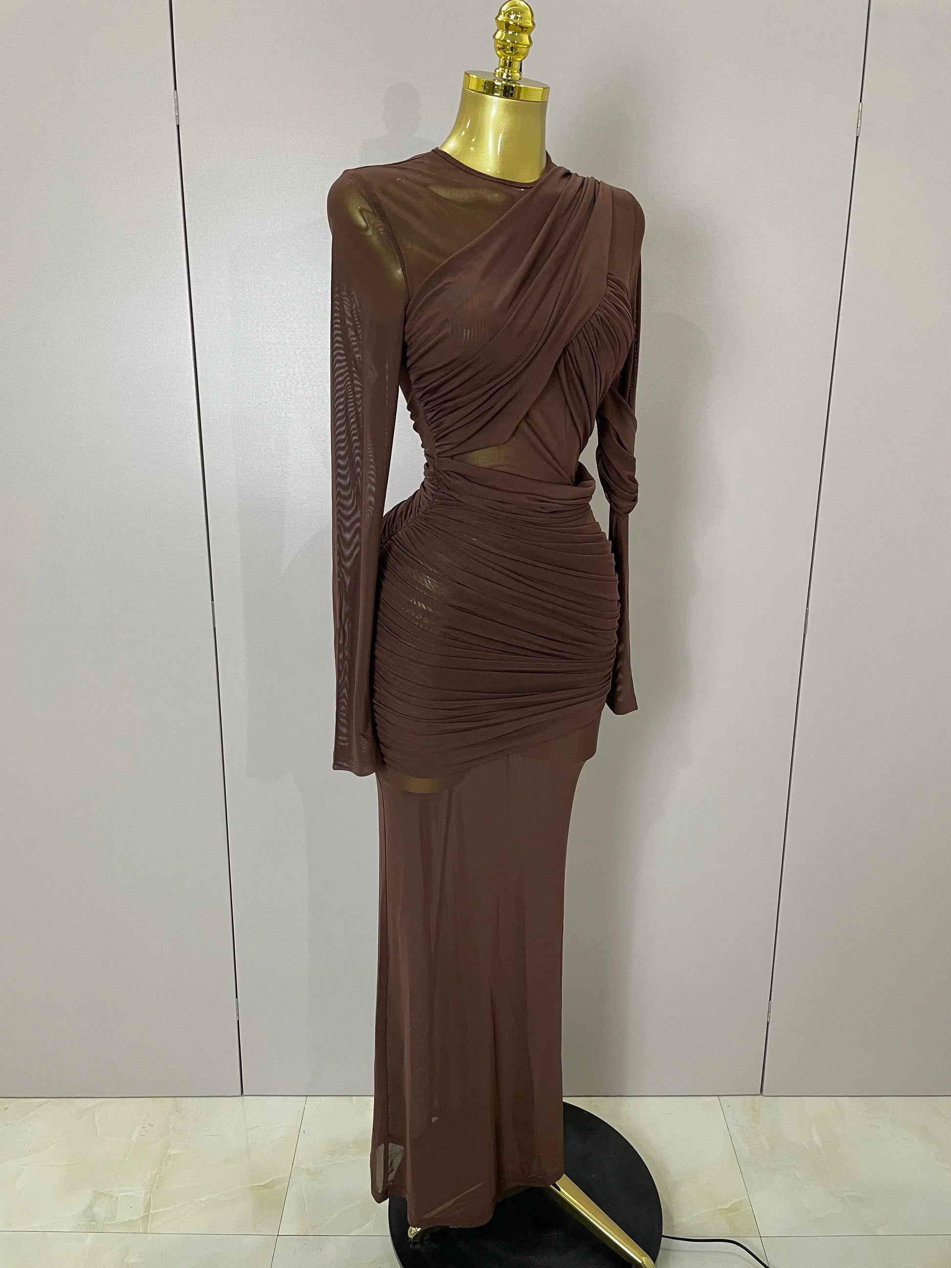 Women Elegant Brown Mesh Fold Long Sleeve Bodycon Dress Evening Party Club Sexy Perspective Fashion Luxury Birthday Dresses