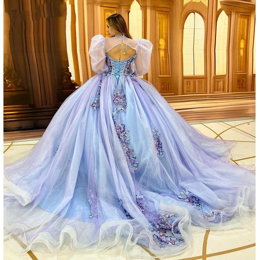 Luxury Light Blue and Lilac Quinceanera Dress With Jacket Beading Flower Formal Party Princess Vestidos De 15 Anos