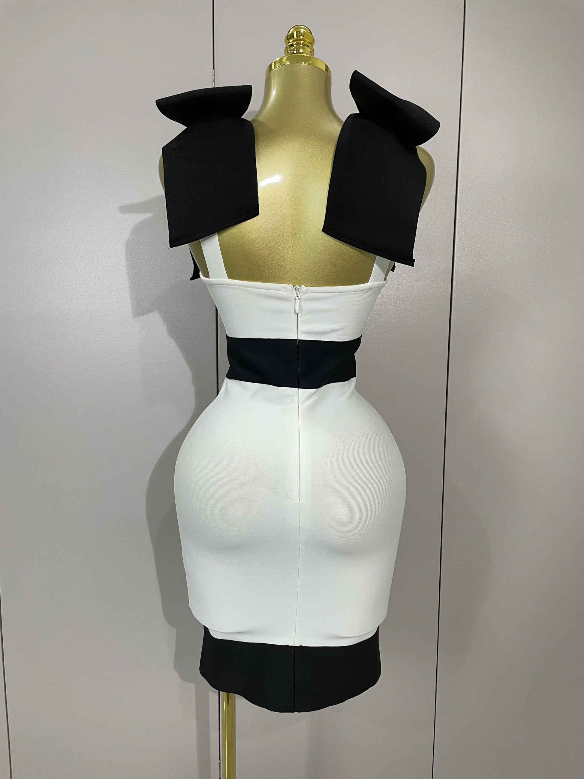 Sexy Bow Tie Black White Patchwork Bodycon Bandage Dress Women Celebrity Elegant Evening Club Party Birthday Dresses