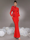 Elegant Women's 3D Flower Decorative Bandage Dress O-neck Long Sleeve Bodycon Long Dress Cocktail Evening Party Vestidos Red