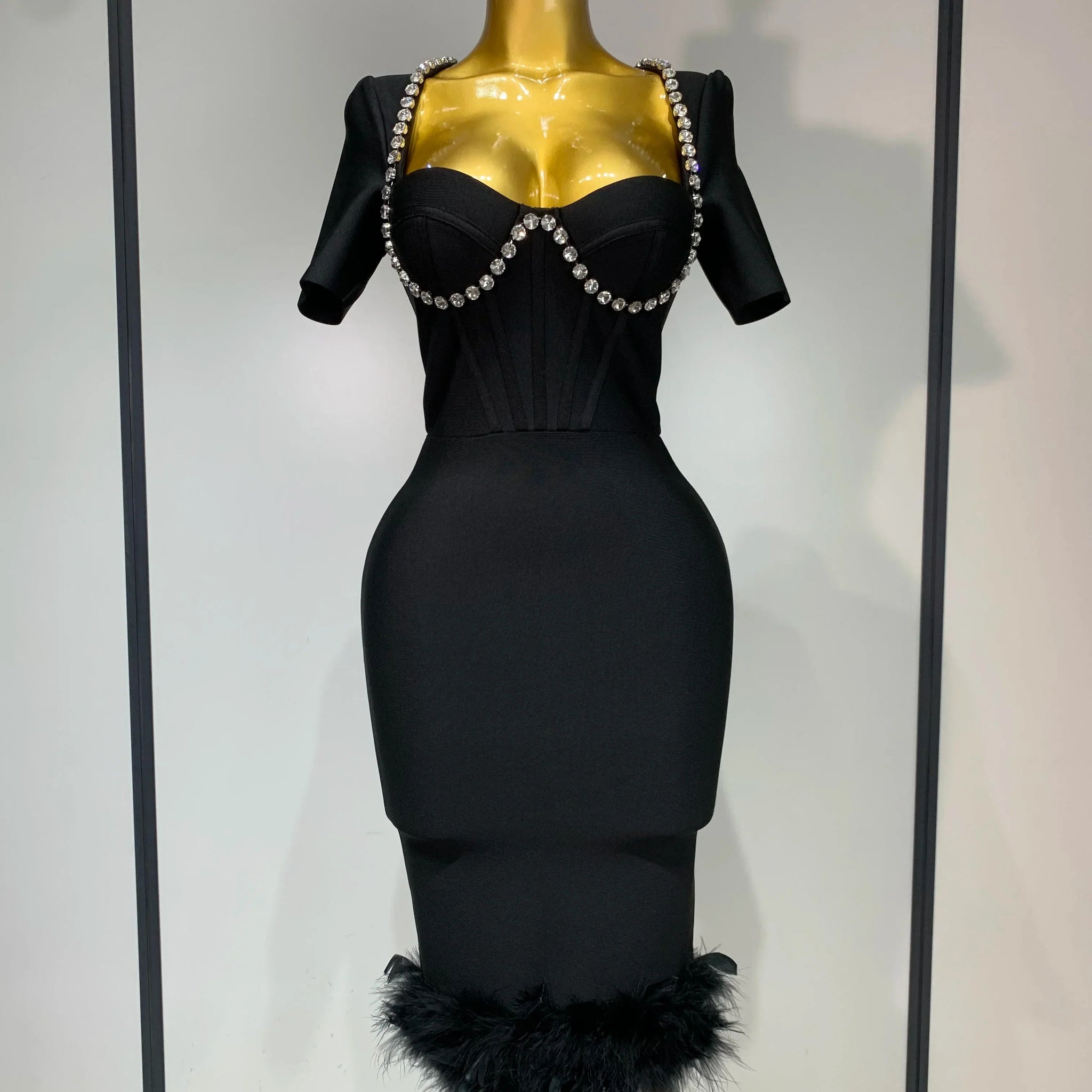 Women Sexy Luxury Rhinestone Short Sleeve Bodycon Dress Party Evening Celebrate Birthday Black Bandage Club Prom Gown