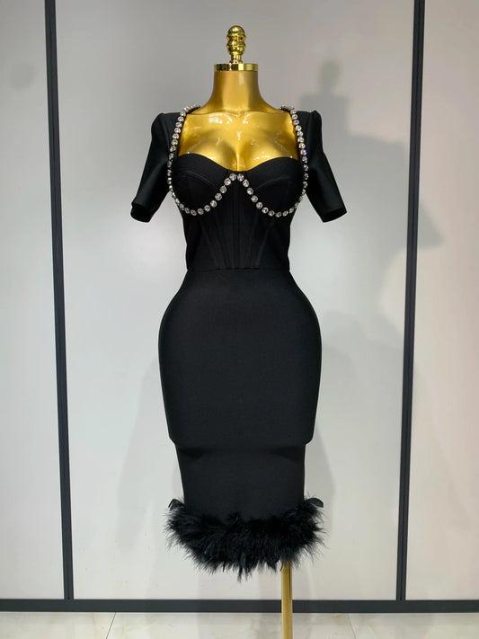 Women Sexy Luxury Rhinestone Short Sleeve Bodycon Dress Party Evening Celebrate Birthday Black Bandage Club Prom Gown