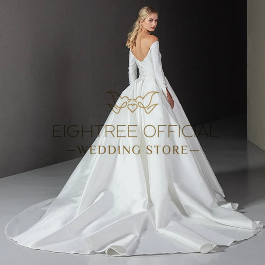 White A-Line Wedding Dresses Off The Shoulder Long Sleeves Bridal Dress Boho Beach Wedding Ball Prom Gowns Customized