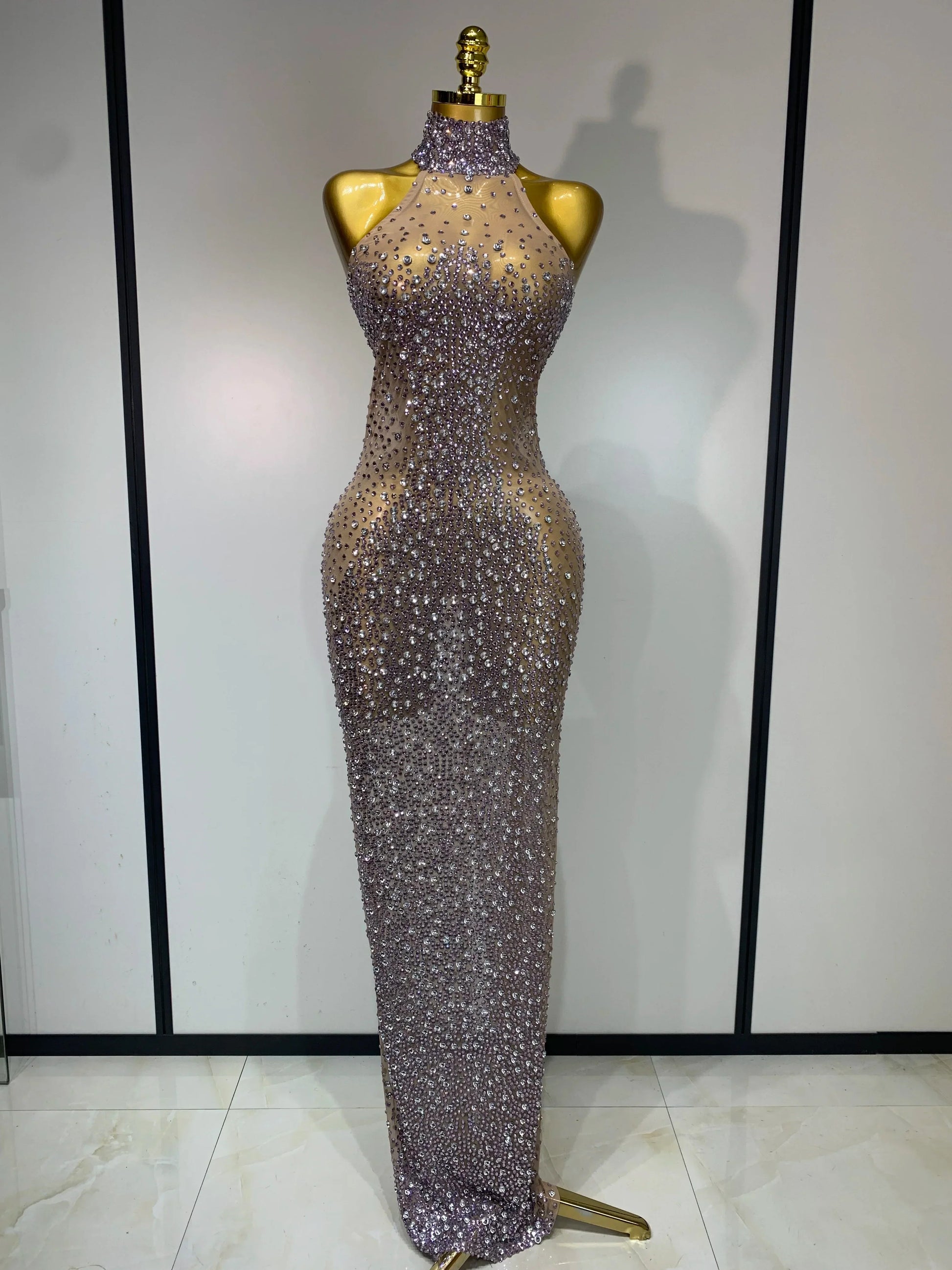 Women Luxury Birthday Celebrate Dress Dancer Party Show Stage Outfit Sparkly Rhinestone Elastic Mesh See Through Long Dress Light Purple