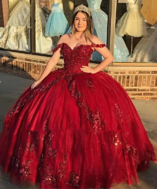 Luxury Shiny Burgundy Quinceanera Dresses Vestidos De 15 Anos Off-Shoulder 3D Flower Applique Formal Princess Gown