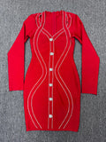 Spring Elegant Women Diamond Set Bandage Dress V-neck Long Sleeve Bodycon Single breasted Mini Dress Evening Party Vestidos Red