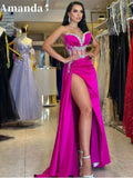 Elegant Fuchsia Mermaid Evening Dress Sexy Side Split Trumpet Party Dress Luxury Sequins Satin فساتين مناسبة رسمية Fuchsia