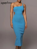 2025 Sexy Women's Blue Bandage Dress One Shoulder Sleeveless Bodycon Backless and Knee Dress Cocktail Evening Party Vestidos